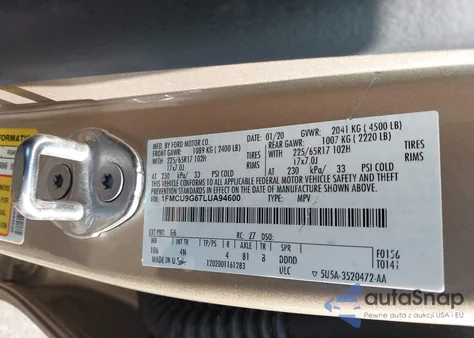 2020 Ford Escape Se from USA, damaged, VIN 1FMCU9G67LUA94600